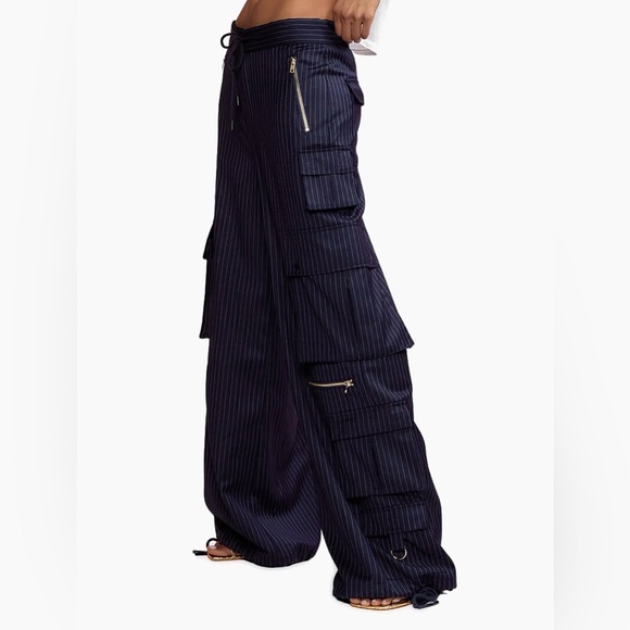 Cynthia Rowley Blue Pinstripe Cargo Dress Pants with Gold Details - Picture 5 of 6